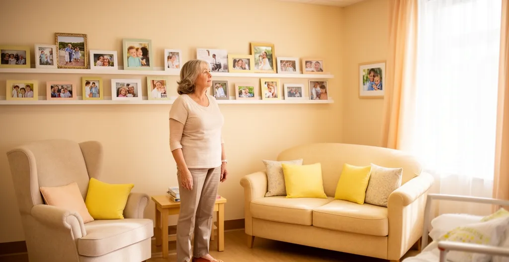 Personne visitant une chambre lumineuse et personnalisée d'EHPAD