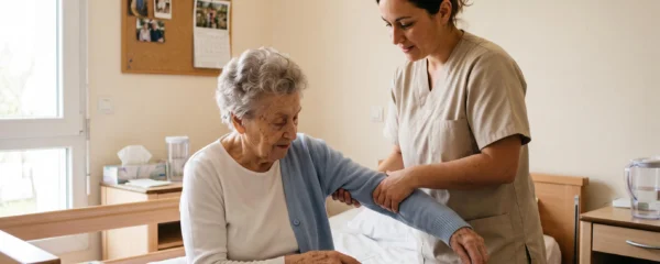 Aide-soignante accompagnant une personne âgée pour l'aider à s'habiller dans une chambre d'EHPAD