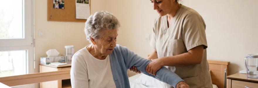 Aide-soignante accompagnant une personne âgée pour l'aider à s'habiller dans une chambre d'EHPAD