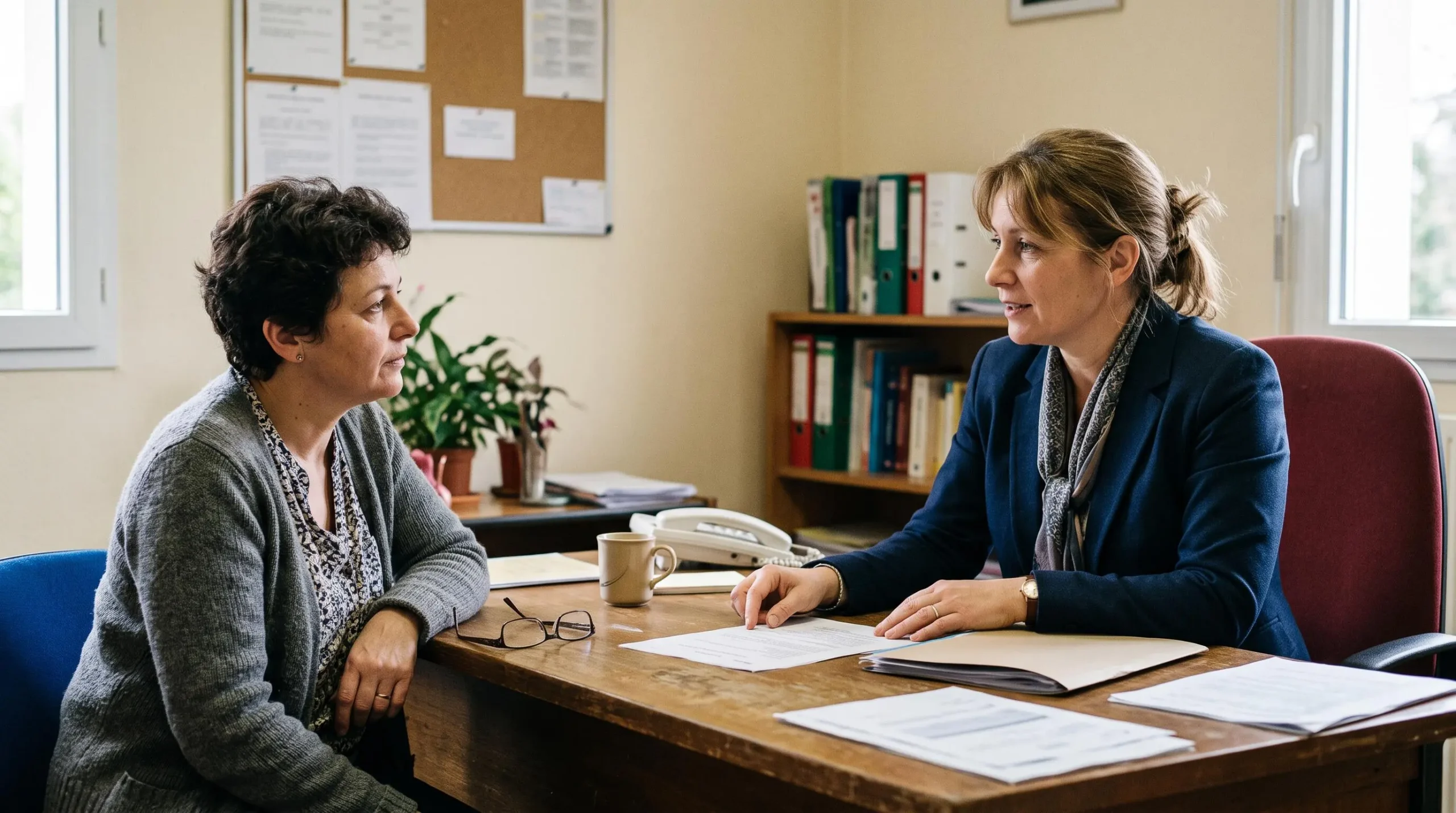 Responsable d'EHPAD en discussion avec un membre de famille dans un bureau pour évoquer les questions administratives et financières